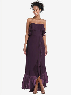 【STYLE: TH039】Off-the-Shoulder Ruffled High Low Maxi Dress【COLOR: Aubergine】