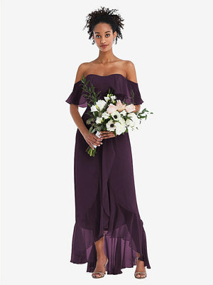 【STYLE: TH039】Off-the-Shoulder Ruffled High Low Maxi Dress【COLOR: Aubergine】