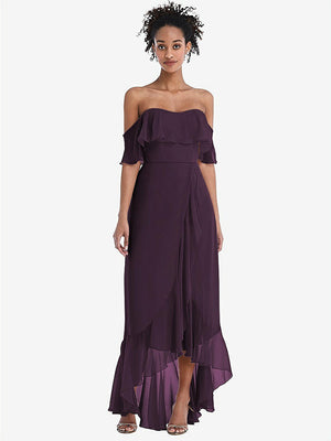 【STYLE: TH039】Off-the-Shoulder Ruffled High Low Maxi Dress【COLOR: Aubergine】