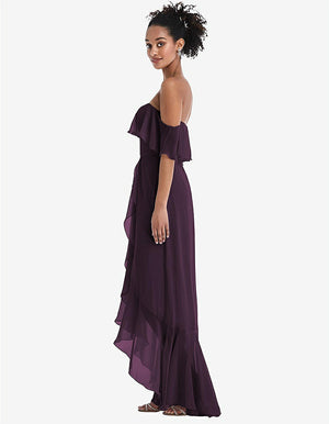 【STYLE: TH039】Off-the-Shoulder Ruffled High Low Maxi Dress【COLOR: Aubergine】
