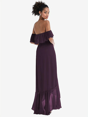 【STYLE: TH039】Off-the-Shoulder Ruffled High Low Maxi Dress【COLOR: Aubergine】