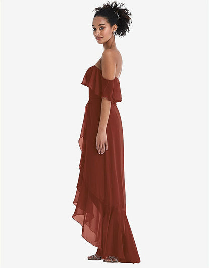 【STYLE: TH039】Off-the-Shoulder Ruffled High Low Maxi Dress【COLOR: Auburn Moon】