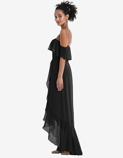 【STYLE: TH039】Off-the-Shoulder Ruffled High Low Maxi Dress【COLOR: Black】