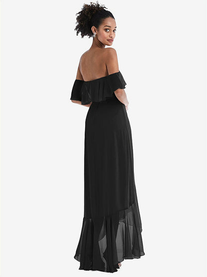 【STYLE: TH039】Off-the-Shoulder Ruffled High Low Maxi Dress【COLOR: Black】