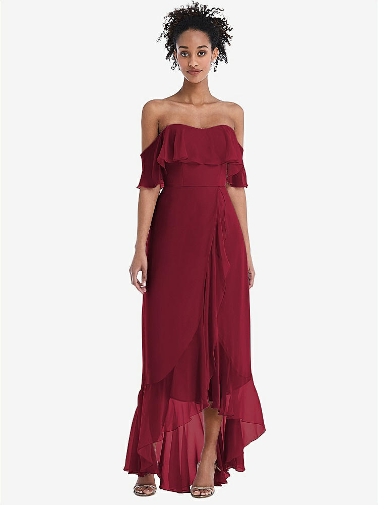 【STYLE: TH039】Off-the-Shoulder Ruffled High Low Maxi Dress【COLOR: Burgundy】