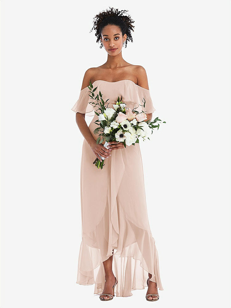 【STYLE: TH039】Off-the-Shoulder Ruffled High Low Maxi Dress【COLOR: Cameo】
