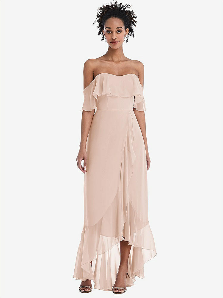 【STYLE: TH039】Off-the-Shoulder Ruffled High Low Maxi Dress【COLOR: Cameo】