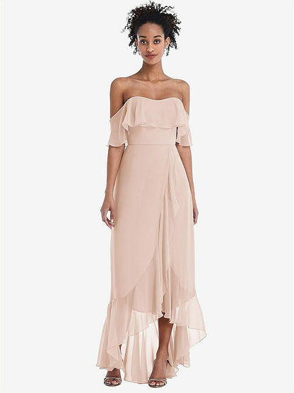 【STYLE: TH039】Off-the-Shoulder Ruffled High Low Maxi Dress【COLOR: Cameo】