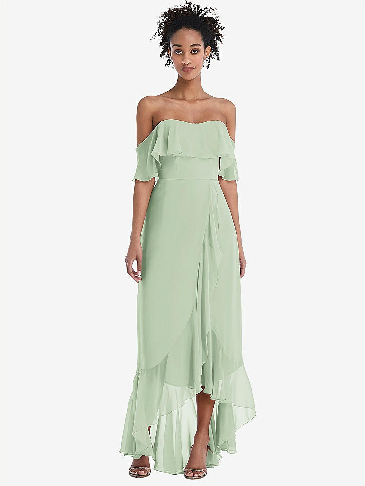 【STYLE: TH039】Off-the-Shoulder Ruffled High Low Maxi Dress【COLOR: Celadon】