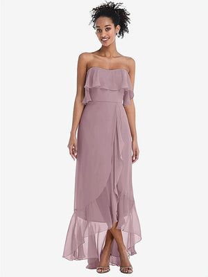 【STYLE: TH039】Off-the-Shoulder Ruffled High Low Maxi Dress【COLOR: Dusty Rose】