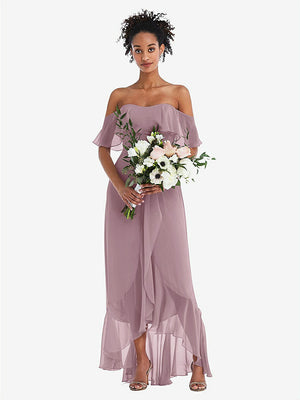 【STYLE: TH039】Off-the-Shoulder Ruffled High Low Maxi Dress【COLOR: Dusty Rose】