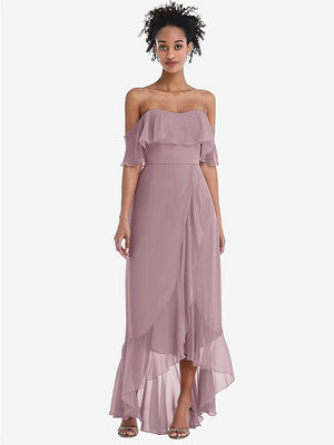 【STYLE: TH039】Off-the-Shoulder Ruffled High Low Maxi Dress【COLOR: Dusty Rose】