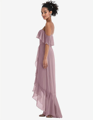 【STYLE: TH039】Off-the-Shoulder Ruffled High Low Maxi Dress【COLOR: Dusty Rose】