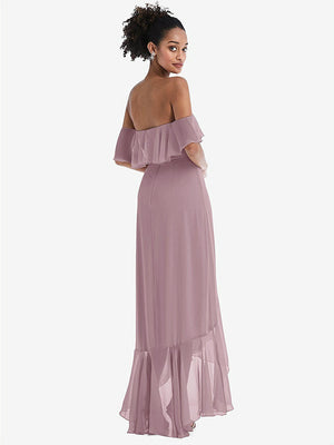 【STYLE: TH039】Off-the-Shoulder Ruffled High Low Maxi Dress【COLOR: Dusty Rose】