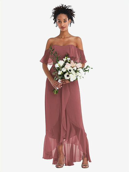 【NEW】【STYLE: TH039】オフショルダー フリル 高 低 マキシ ドレス【COLOR: English Rose】【SIZE: 00-30W】
