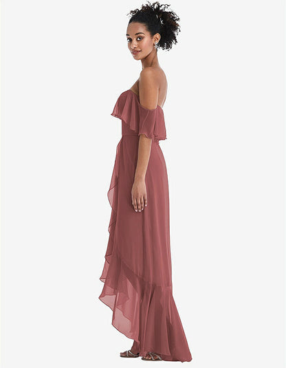 【NEW】【STYLE: TH039】オフショルダー フリル 高 低 マキシ ドレス【COLOR: English Rose】【SIZE: 00-30W】