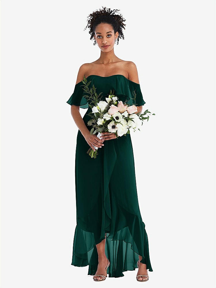 【STYLE: TH039】Off-the-Shoulder Ruffled High Low Maxi Dress【COLOR: Evergreen】