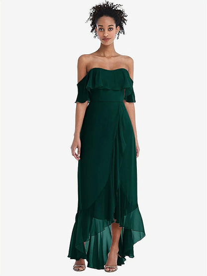 【STYLE: TH039】Off-the-Shoulder Ruffled High Low Maxi Dress【COLOR: Evergreen】