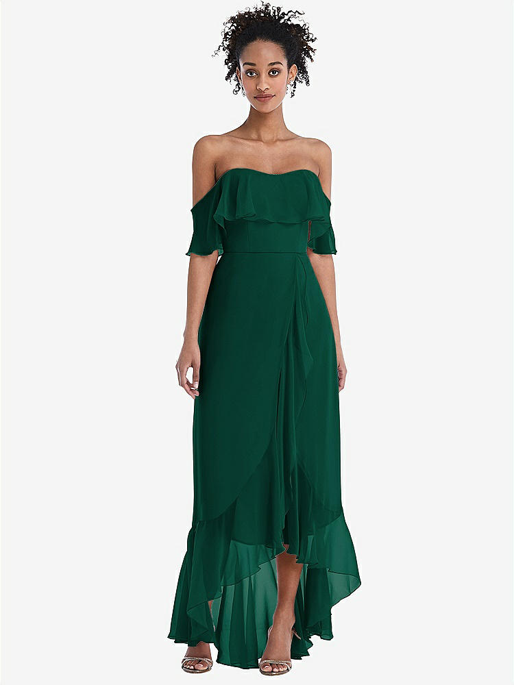 【STYLE: TH039】Off-the-Shoulder Ruffled High Low Maxi Dress【COLOR: Hunter Green】