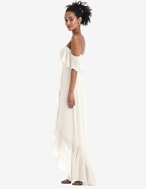 【STYLE: TH039】Off-the-Shoulder Ruffled High Low Maxi Dress【COLOR: Ivory】