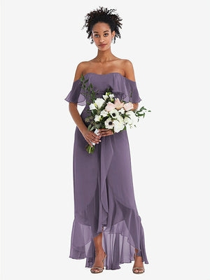 【STYLE: TH039】Off-the-Shoulder Ruffled High Low Maxi Dress【COLOR: Lavender】