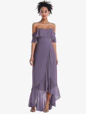 【STYLE: TH039】Off-the-Shoulder Ruffled High Low Maxi Dress【COLOR: Lavender】