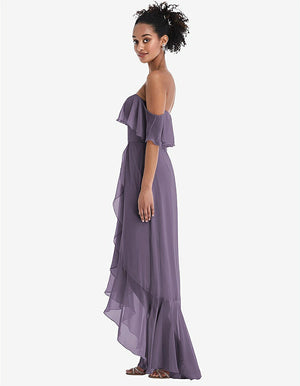 【STYLE: TH039】Off-the-Shoulder Ruffled High Low Maxi Dress【COLOR: Lavender】