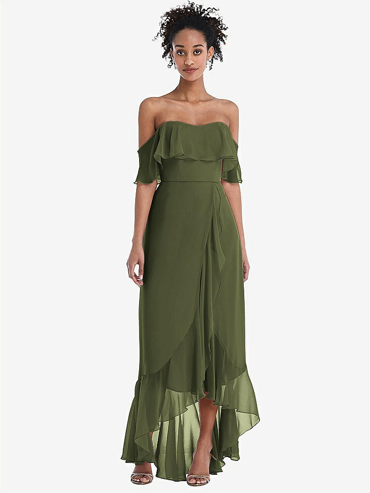 【STYLE: TH039】Off-the-Shoulder Ruffled High Low Maxi Dress【COLOR: Olive Green】