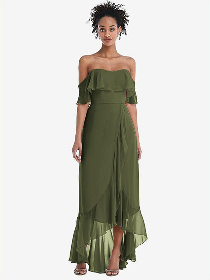 【STYLE: TH039】Off-the-Shoulder Ruffled High Low Maxi Dress【COLOR: Olive Green】