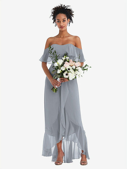 【STYLE: TH039】Off-the-Shoulder Ruffled High Low Maxi Dress【COLOR: Platinum】