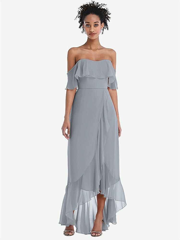 【STYLE: TH039】Off-the-Shoulder Ruffled High Low Maxi Dress【COLOR: Platinum】