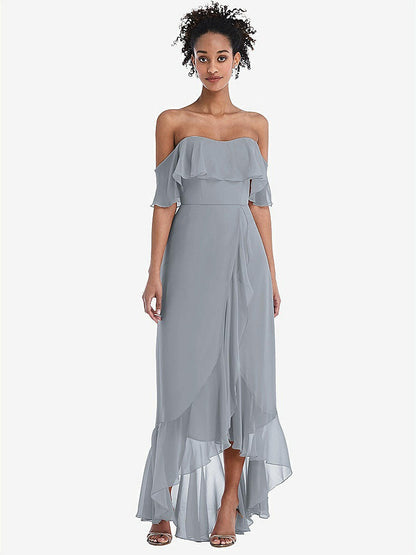 【STYLE: TH039】Off-the-Shoulder Ruffled High Low Maxi Dress【COLOR: Platinum】