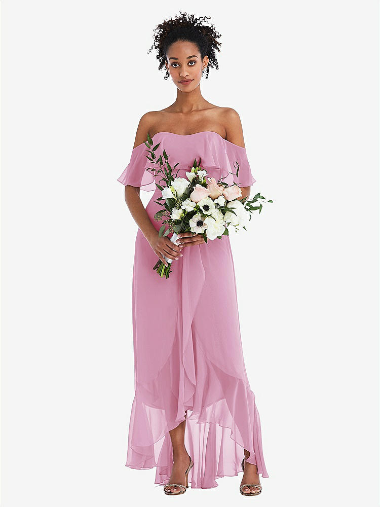 【STYLE: TH039】Off-the-Shoulder Ruffled High Low Maxi Dress【COLOR: Powder Pink】