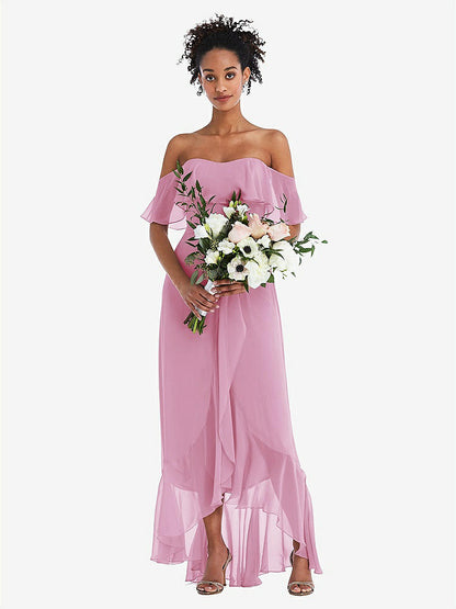 【STYLE: TH039】Off-the-Shoulder Ruffled High Low Maxi Dress【COLOR: Powder Pink】