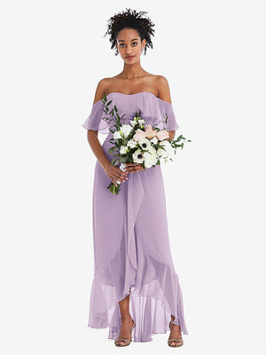 【STYLE: TH039】Off-the-Shoulder Ruffled High Low Maxi Dress【COLOR: Pale Purple】