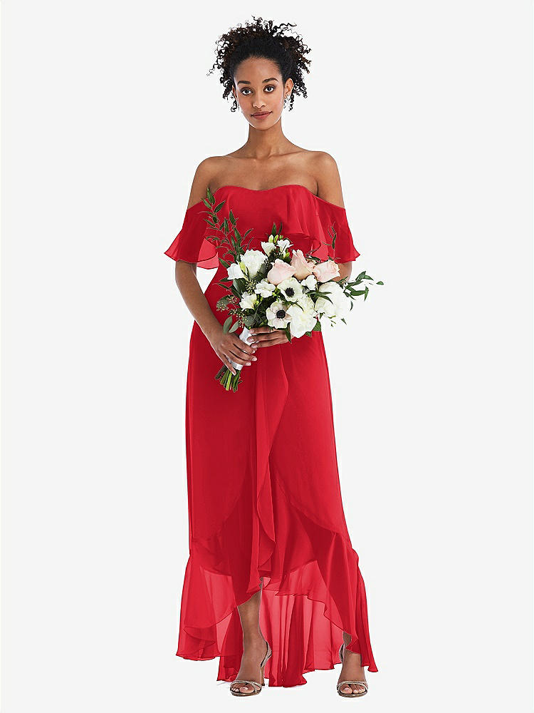 【STYLE: TH039】Off-the-Shoulder Ruffled High Low Maxi Dress【COLOR: Parisian Red】
