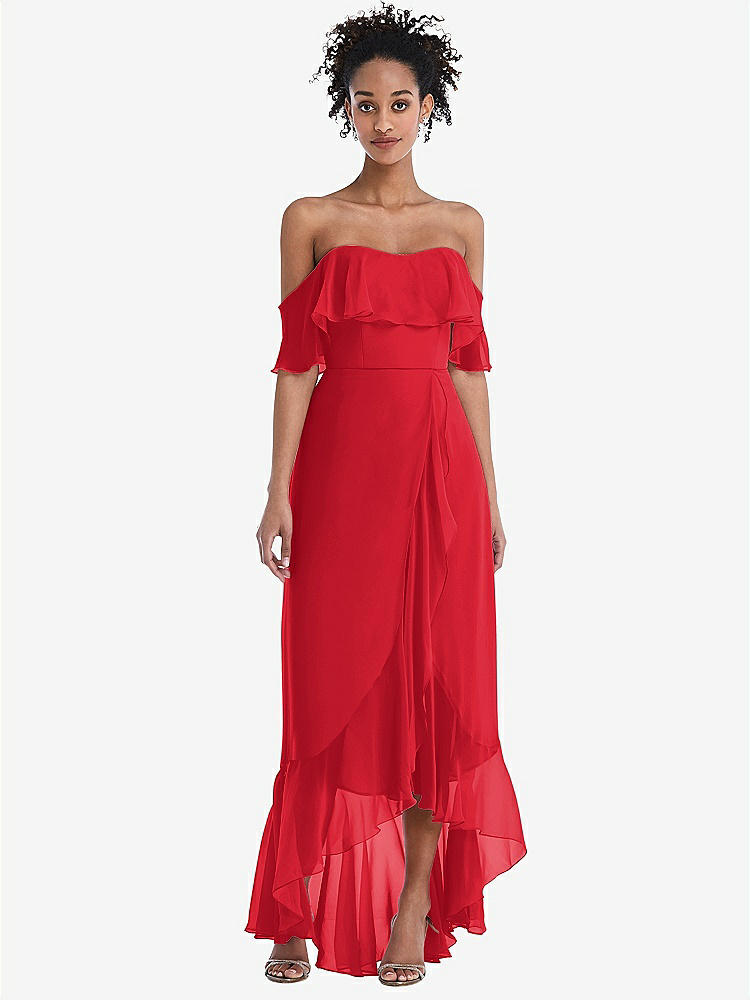 【STYLE: TH039】Off-the-Shoulder Ruffled High Low Maxi Dress【COLOR: Parisian Red】