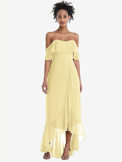 【STYLE: TH039】Off-the-Shoulder Ruffled High Low Maxi Dress【COLOR: Pale Yellow】