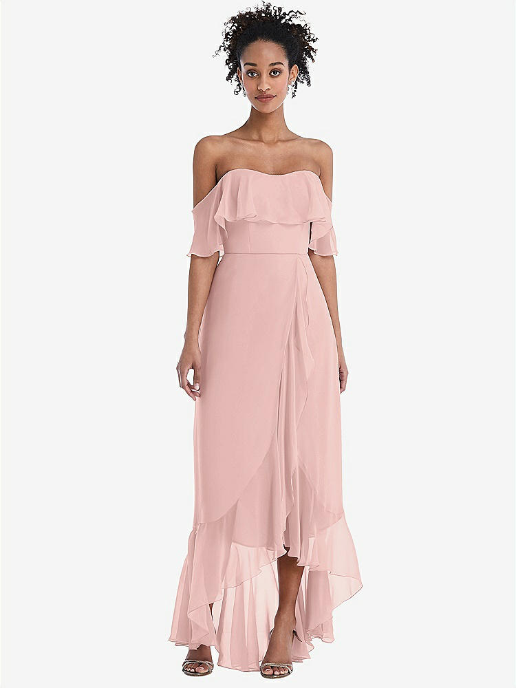 【STYLE: TH039】Off-the-Shoulder Ruffled High Low Maxi Dress【COLOR: Rose - PANTONE Rose Quartz】