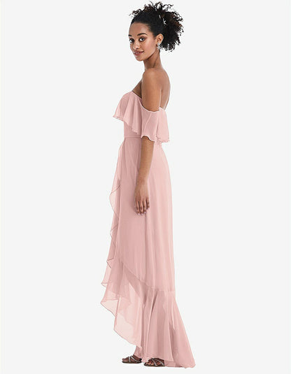 【NEW】【STYLE: TH039】オフショルダー フリル 高 低 マキシ ドレス【COLOR: Rose - PANTONE Rose Quartz】【SIZE: 00-30W】