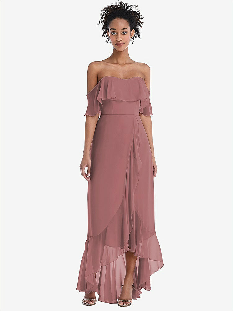 【STYLE: TH039】Off-the-Shoulder Ruffled High Low Maxi Dress【COLOR: Rosewood】