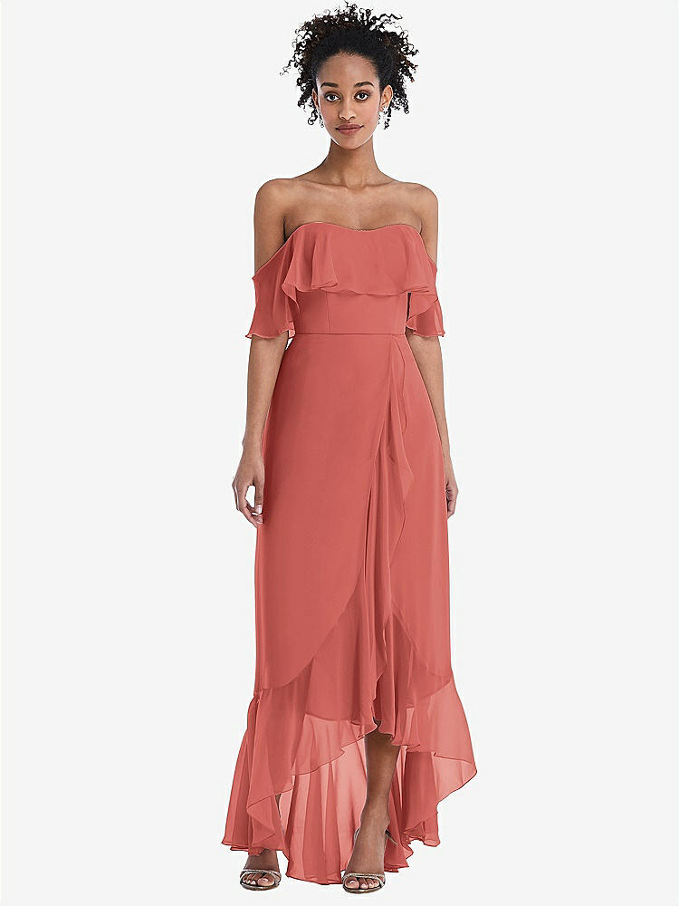 【STYLE: TH039】Off-the-Shoulder Ruffled High Low Maxi Dress【COLOR: Coral Pink】