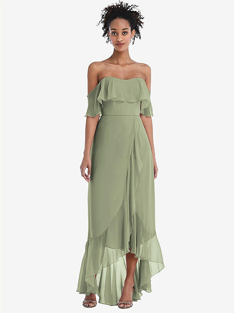 【STYLE: TH039】Off-the-Shoulder Ruffled High Low Maxi Dress【COLOR: Sage】