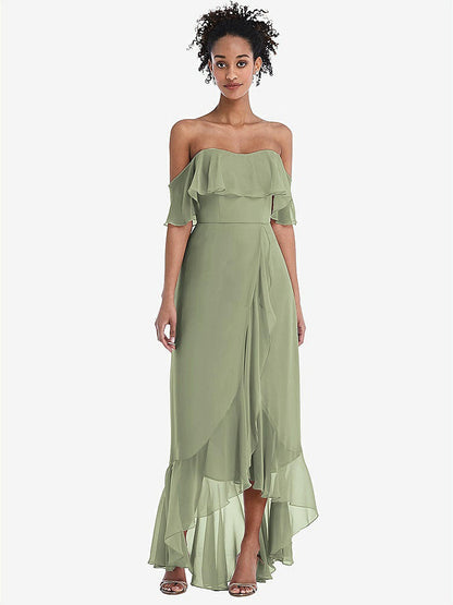 【STYLE: TH039】Off-the-Shoulder Ruffled High Low Maxi Dress【COLOR: Sage】