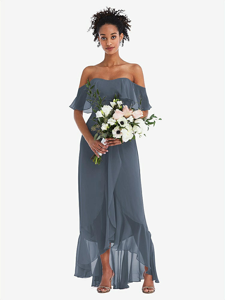 【STYLE: TH039】Off-the-Shoulder Ruffled High Low Maxi Dress【COLOR: Silverstone】