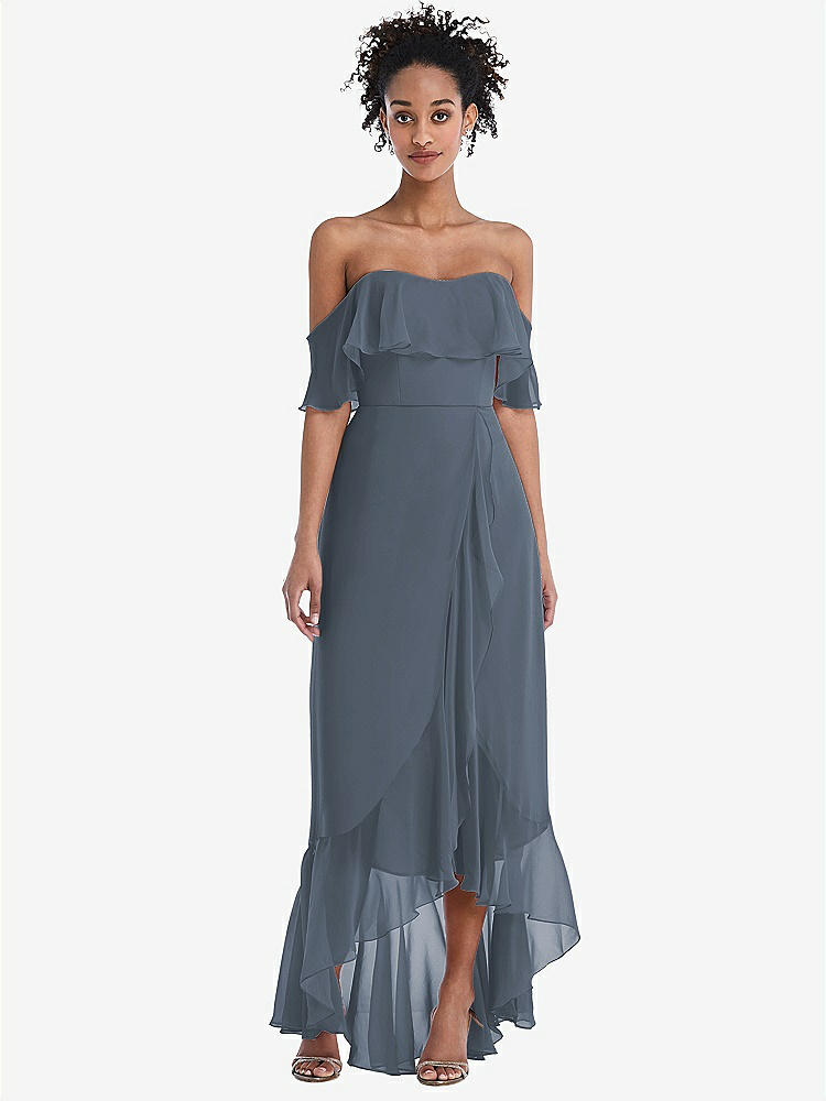 【STYLE: TH039】Off-the-Shoulder Ruffled High Low Maxi Dress【COLOR: Silverstone】