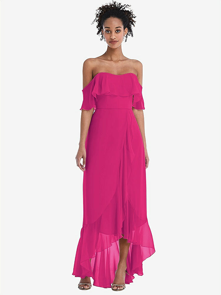 【STYLE: TH039】Off-the-Shoulder Ruffled High Low Maxi Dress【COLOR: Think Pink】