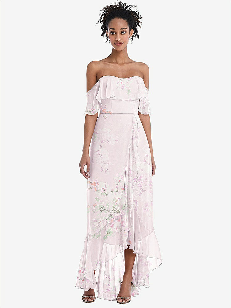 【STYLE: TH039】Off-the-Shoulder Ruffled High Low Maxi Dress【COLOR: Watercolor Print】