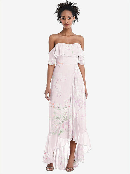 【STYLE: TH039】Off-the-Shoulder Ruffled High Low Maxi Dress【COLOR: Watercolor Print】