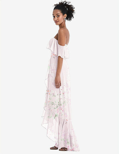 【STYLE: TH039】Off-the-Shoulder Ruffled High Low Maxi Dress【COLOR: Watercolor Print】